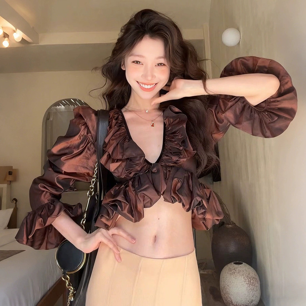 Zara Spring Summer Ruffle Collar Pleated Cropped Top